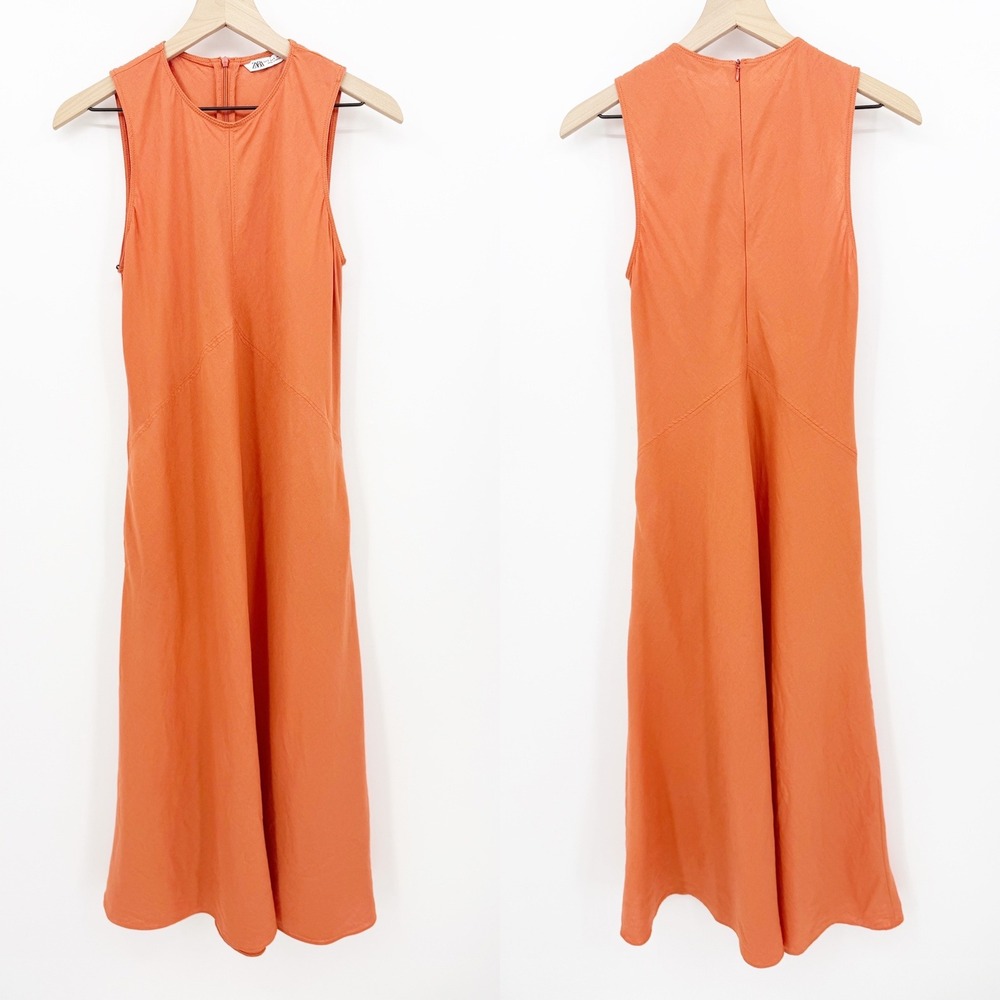 ZARA Orange Linen Blend Sleeveless Midi Dress S Summer Minimalist Old Money